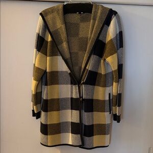 CAbi Plaid Hooded Cardigan - Black, Cream, Tan